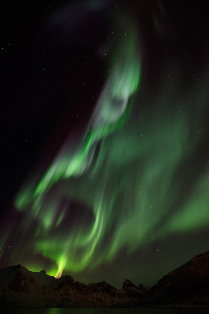 Aurores boréales très actives sur le Segla, dans l'île de Senja, en Norvège