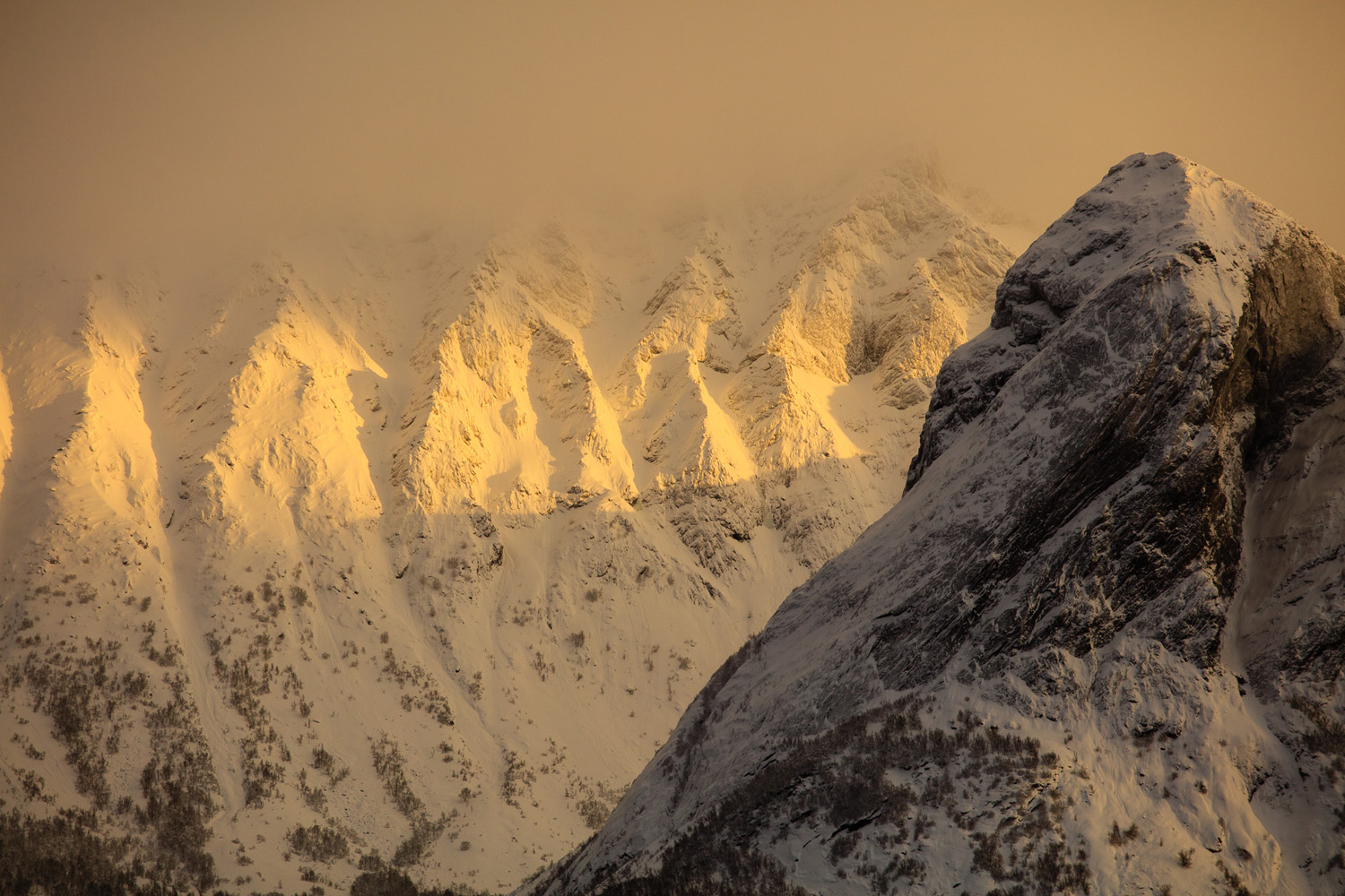 lumière sur les montagnes enneigées de Mefjord, dan l'île de Senja en Norvège