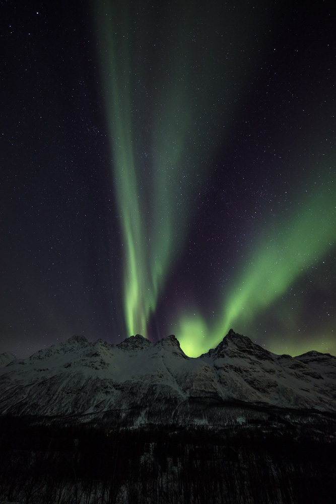 Aurores boréales en rayon au-dessu des montagnes, dans les Alpes de Lyngen, en Norvège, près de tromsø.