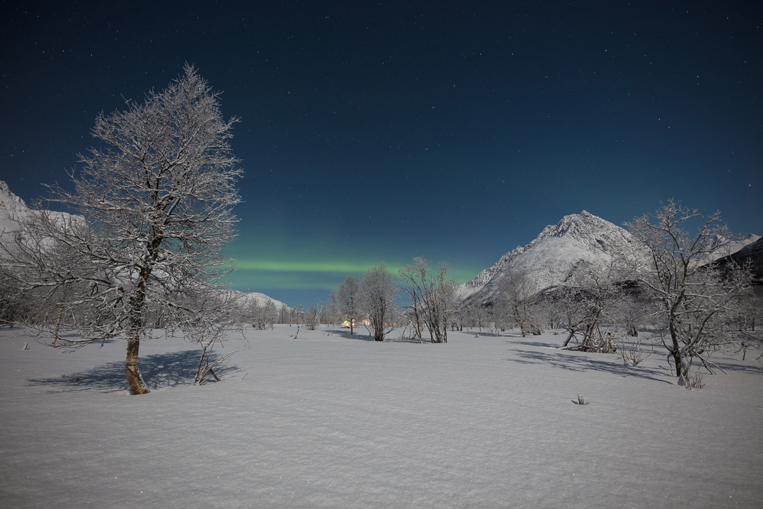 Aurore boréales et pleine lune en hiver dans les Alpes de Lyngen, en Norvège