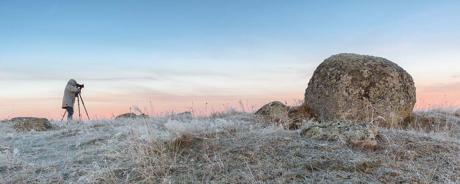 Lever de soleil hivernal pendant un stage photo en Aubrac