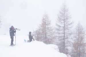 Stagiaire sous la tempête, photographiant un bouquetin mâle